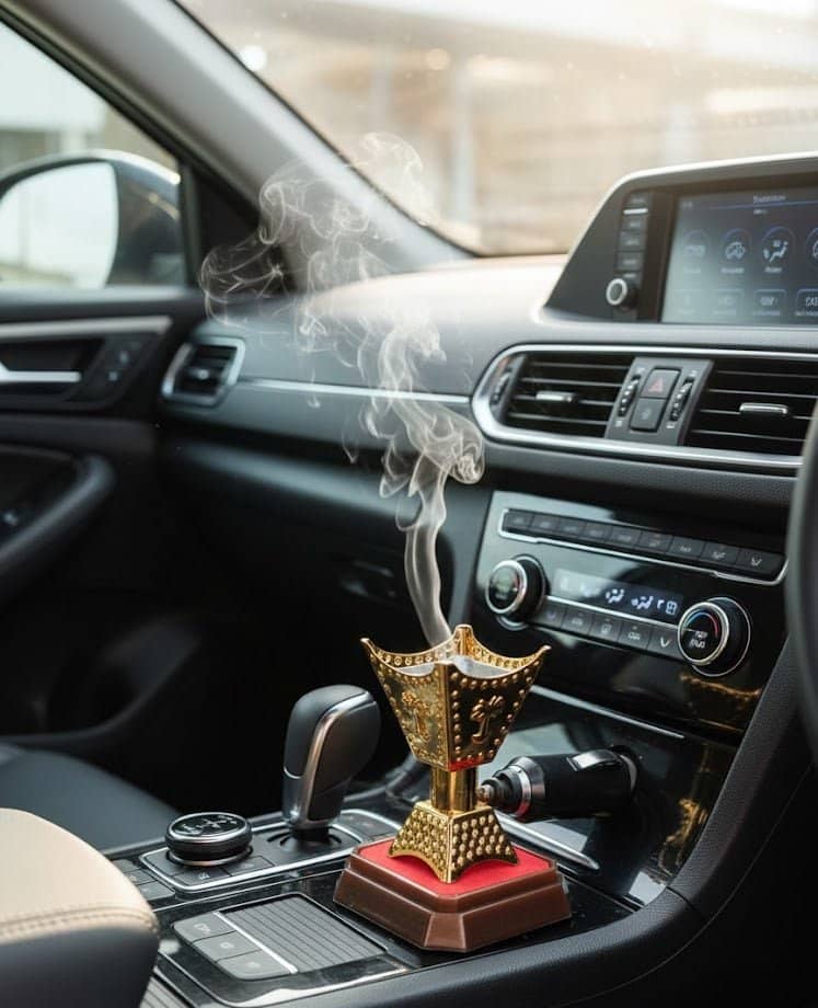 Car electric Bakhoor incense burner in gold and red placed on car console releasing smoke