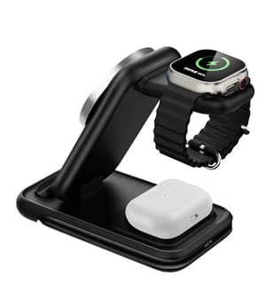 Spark hand 4-in-1 magnetic wireless charger charging an Apple Watch and wireless earbuds case